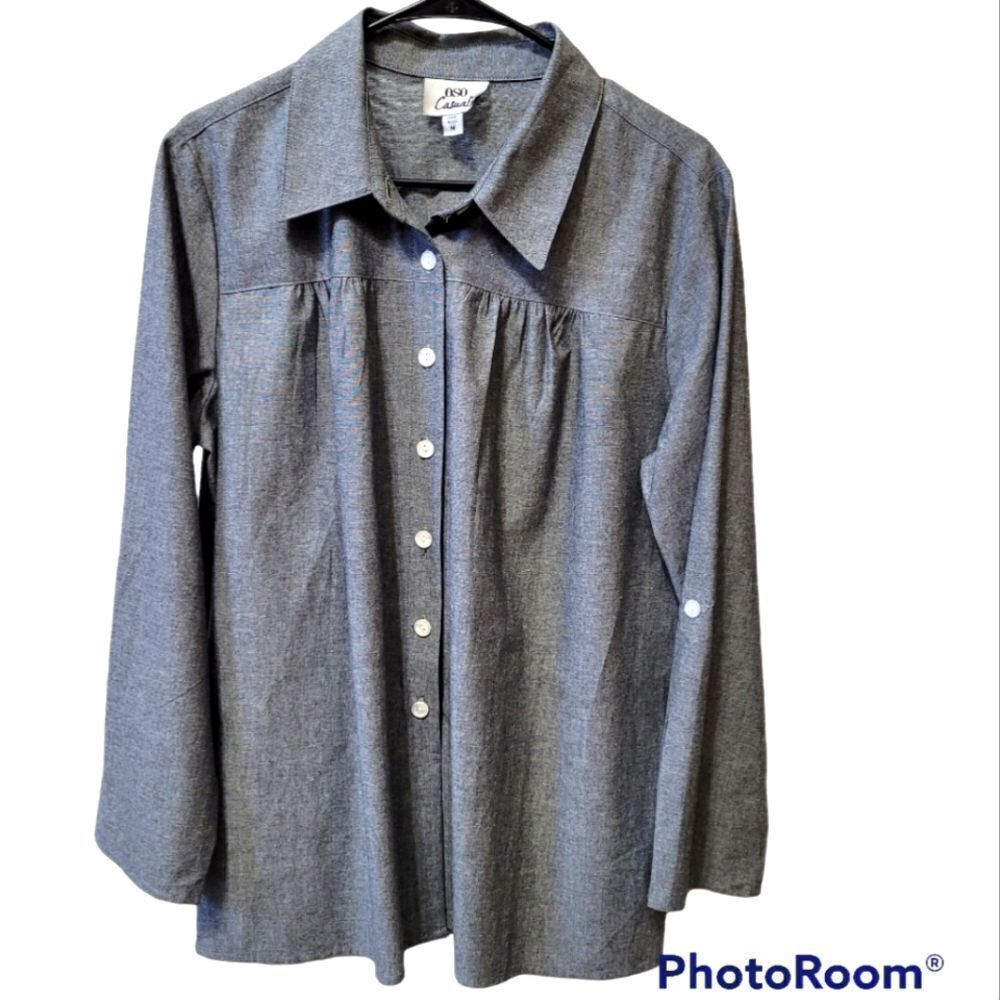 #7 OSO Casuals Gray Button Up Top, Size M, 100% Cotton
